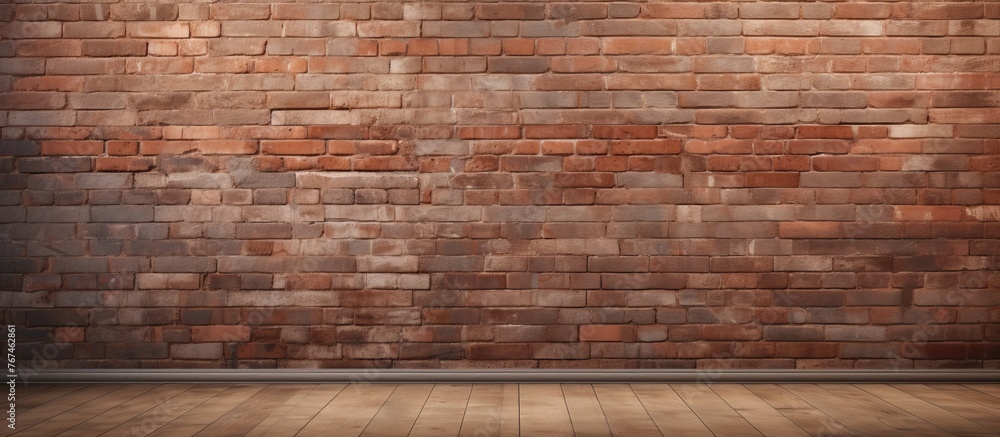Aufkleber an empty room with a brown brick wall and hardwood flooring. the brickwork forms a rectangular patte