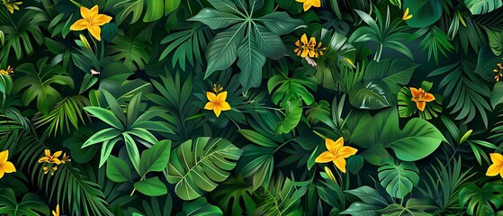 Tropical rainforest seamless background, greenery exotic nature forest environment with vibrant colourful wildlife birds and flowers, jungle scene.