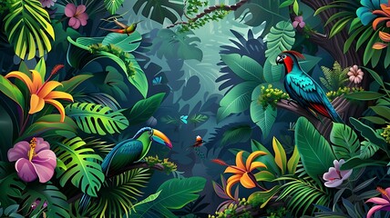 Vibrant Jungle Scene: Exotic birds, lush greenery, colorful flowers. Seamless pattern background. Tropical forest, nature, wildlife, vibrant colours, exotic flora, tropical paradise illustration.