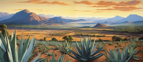 A beautiful painting depicting a field of agave plants set against a backdrop of mountains under a cloudy sky, showcasing the natural landscape