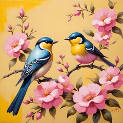 Illustration of two blue birds sitting in pink blossoms on yellow background.