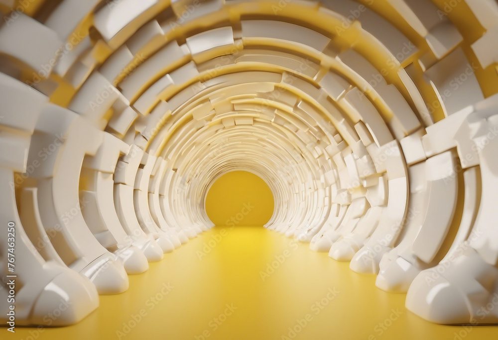 Poster 3d render abstract minimal yellow tunnel with abstract white elements on the walls