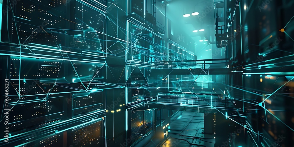 Poster server room data center exchanging cyber datas, cybersecurity & cyberspace concepts, 3d rendering.