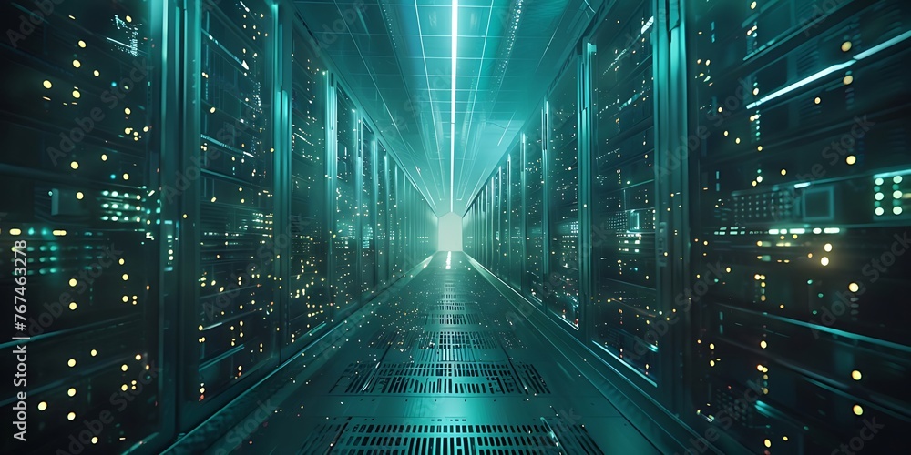 Poster server room data centre exchanging cyber datas, cybersecurity & cyberspace concepts, 3d rendering.