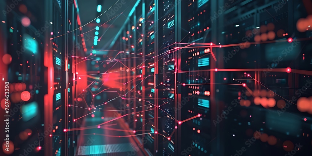 Poster server room data centre exchanging cyber datas, cybersecurity & cyberspace concepts, 3d rendering. g