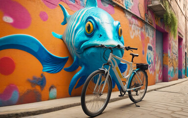 Ai generated image from an urban alley with a bicycle on a wall filled with graffiti