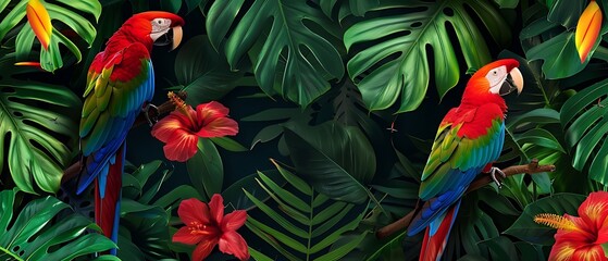 Tropical rainforest, parrots and flowers in the foreground, lush green leaves, vibrant colors, seamless pattern, vector illustration