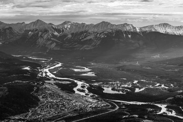 Jasper Town and Athabasca River aerial view in black and white, Jasper national park, Canada.