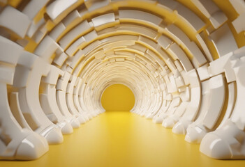 3d render abstract minimal yellow tunnel with abstract white elements on the walls