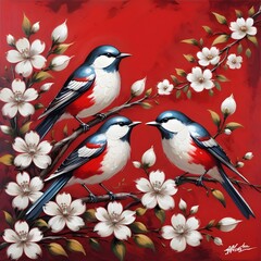 Illustration of three songbirds sitting on branches filled with blossoms on red background.
