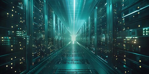 Server room data centre exchanging cyber datas, cybersecurity & cyberspace concepts, 3D rendering. - obrazy, fototapety, plakaty