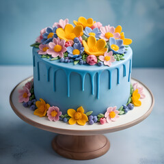 Blue fondant cake with colorful spring flowers decorating the top.