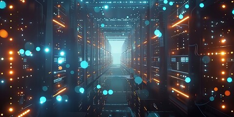 Server data room center, high-tech data centre with rows of server racks exchanging datas, digital connections and network, big data cyber security systems, 3D rendering. - obrazy, fototapety, plakaty