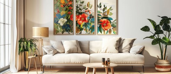 Floral artwork divided into three canvases hanging on the wall, with a sofa, lamp, plant, and table in the room.