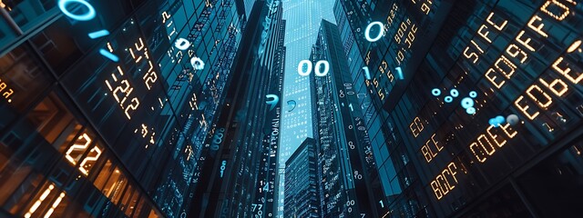 Skyscrapers with superimposed financial market graphs and numerical data, illustrating a concept of the business district in a city with a focus on market datum trends.
