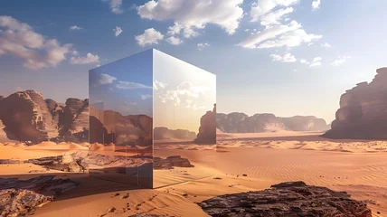 Foto op Canvas Surreal landscape with a metal cube in the desert, illustration. © Copper