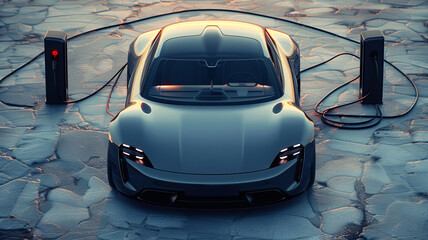 Top view of the black futuristic concept electric car on electric charge. Charging an electric car