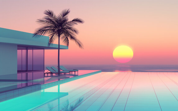A striking image of a serene poolside featuring sleek modern loungers and a lone palm tree, all basking in the warm glow of a perfect sunset.