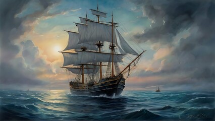 An elusive ornamental temporal trawler drifts through a dreamlike watercolor seascape, its intricate details standing out vividly against the soft, ethereal background. The main subject is a fantastic