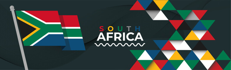 South Africa flag for national independence day banner, colorful background and geometric abstract modern design. South African flag, happy heritage day, or Nelson Mandela day theme, business vector. - obrazy, fototapety, plakaty