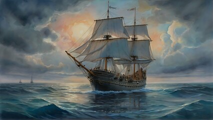 An elusive ornamental temporal trawler drifts through a dreamlike watercolor seascape, its intricate details standing out vividly against the soft, ethereal background. The main subject is a fantastic - obrazy, fototapety, plakaty