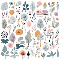 A collection of seamless pattern, colorful abstract plants and flowers. Hand drawn Collection of leaves and flowers. A close up of a pattern of flowers and leaves.
