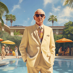 An older man enjoying on the edge of the pool during a warm summer day. Vacation summer concept. Illustration.