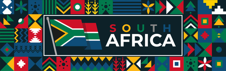 South Africa flag for national independence day banner, colorful background and geometric abstract modern design. South African flag, happy heritage day, or Nelson Mandela day theme, business vector. - obrazy, fototapety, plakaty