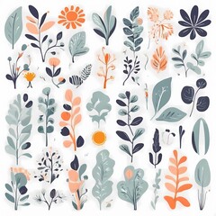A collection of seamless pattern, colorful abstract plants and flowers. Hand drawn Collection of leaves and flowers. A close up of a pattern of flowers and leaves.
