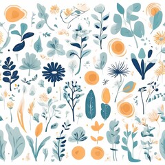 A collection of seamless pattern, colorful abstract plants and flowers. Hand drawn Collection of leaves and flowers. A close up of a pattern of flowers and leaves.
