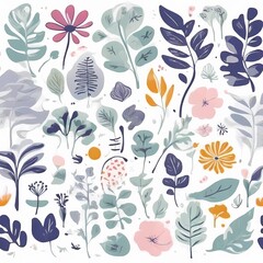 A collection of seamless pattern, colorful abstract plants and flowers. Hand drawn Collection of leaves and flowers. A close up of a pattern of flowers and leaves.

