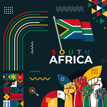 South Africa flag for national independence day banner, colorful background and geometric abstract modern design. South African flag, happy heritage day, or Nelson Mandela day theme, business vector.