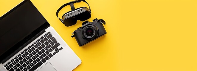 Tech gear theme with (VR) virtual reality headset, dslr camera and laptop computer. Generative AI - obrazy, fototapety, plakaty