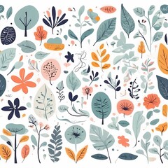 A collection of seamless pattern, colorful abstract plants and flowers. Hand drawn Collection of leaves and flowers. A close up of a pattern of flowers and leaves.

