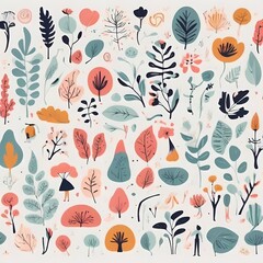 A collection of seamless pattern, colorful abstract plants and flowers. Hand drawn Collection of leaves and flowers. A close up of a pattern of flowers and leaves.
