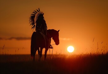 Silhouette of Native American Indian on horseback and spear ready to use against sunset sky. Traditional red indian tribal man, headdress & spear.