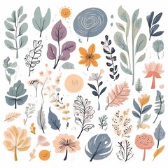 A collection of seamless pattern, colorful abstract plants and flowers. Hand drawn Collection of leaves and flowers. A close up of a pattern of flowers and leaves.
