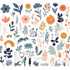 A collection of seamless pattern, colorful abstract plants and flowers. Hand drawn Collection of leaves and flowers. A close up of a pattern of flowers and leaves.
