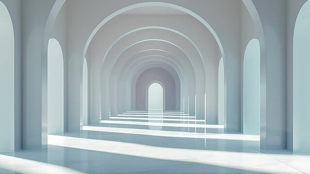 Gallery with white arches and columns illuminated by the rays of sun. Animation with zoom effect. High quality 4k footage