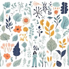 A collection of seamless pattern, colorful abstract plants and flowers. Hand drawn Collection of leaves and flowers. A close up of a pattern of flowers and leaves.
