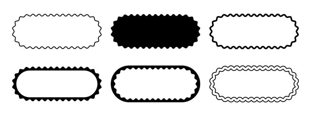 Set of different oval frames with wavy edges. Rectangular shapes with wiggly borders. Banner frames, empty text boxes, speech bubbles, tags or labels scalloped elements. Vector graphic illustration. - obrazy, fototapety, plakaty