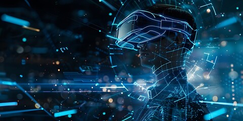 VR headset holographic low poly wireframe vector banner. Polygonal man wearing virtual reality glasses, helmet. VR games playing. Particles, dots, lines, triangles on blue background. Neon light
