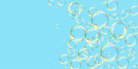 Transparent liquid forms water drops soap bubble. Shape refracts light. Blue background. Realistic volumetric drops. Banner and flyer design. Vector illustration.