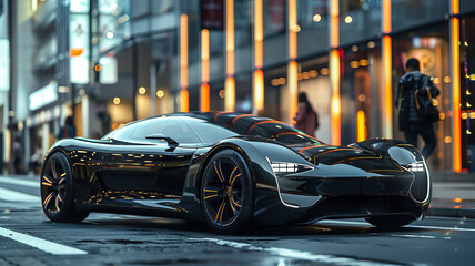 A futuristic black concept of an electric sports car on a city street next to the building