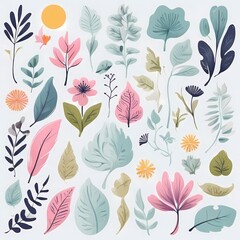 A collection of seamless pattern, colorful abstract plants and flowers. Hand drawn Collection of leaves and flowers. A close up of a pattern of flowers and leaves.
