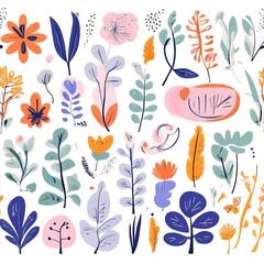 A collection of seamless pattern, colorful abstract plants and flowers. Hand drawn Collection of leaves and flowers. A close up of a pattern of flowers and leaves.
