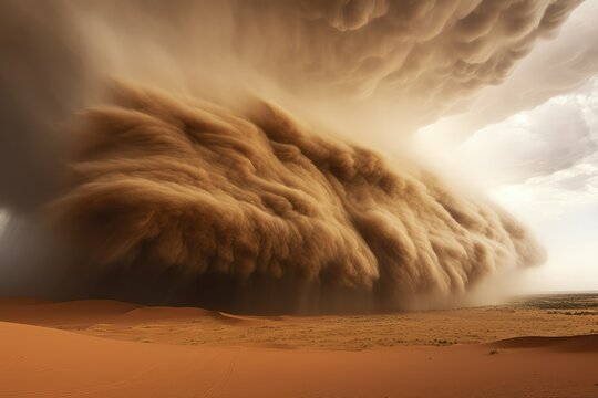 Sandstorm in the desert. extreme weather events. A large storm formed, powdered dust and sand on the ground were blown into the clouds, causing the orange glow to look horrible.