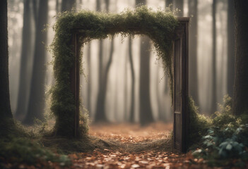 Fantasy door frame in woods surrounded by moss Opened glass door in forest Mystical entrance