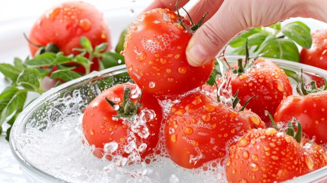  a close up of a bowl of water with a bunch of tomatoes in it and a hand sprinkling water on the top of the tomatoes.