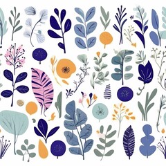 A collection of seamless pattern, colorful abstract plants and flowers. Hand drawn Collection of leaves and flowers. A close up of a pattern of flowers and leaves.
